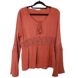 Altard State Boho Bell Long Sleeve Top Burnt Orange Lace Detail Tie Front Small